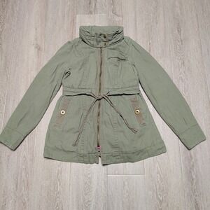 Anthropology Tulle Utility Jacket Womens‎ L Olive Green Hooded Peplum Tie Waist